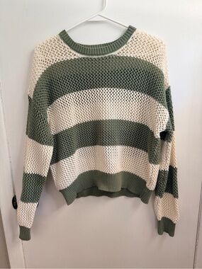 Open-Knit Striped Scoop Sweater - Cream & Olive Green